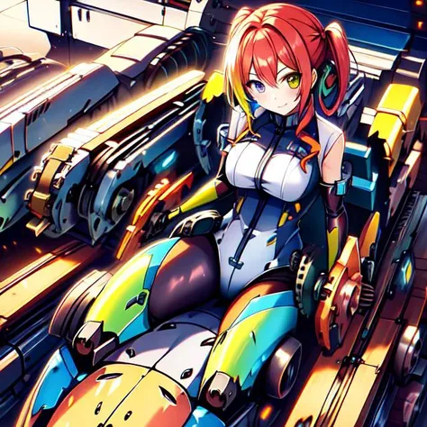 mechanical chair,sit,(close-up:0.4),(1girl),(outfit:1.5),latex suits, <lora:mechanical:1.0>, heterochromia, multicolored hair,