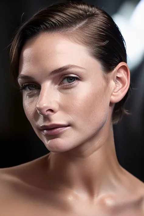 a close up of a woman with a very short hair