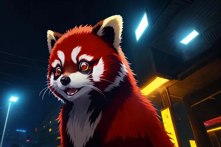 (masterpiece:1.15), (best quality:1.15), (detailed:1.1), (highres:1.1), [modernism|cyberpunk], (in 80s anime style), wide shot of ghostly red panda, glowing eyes, in the middle of small park, moonless night, global illumination, serenity <lyco:style_boo_v1...