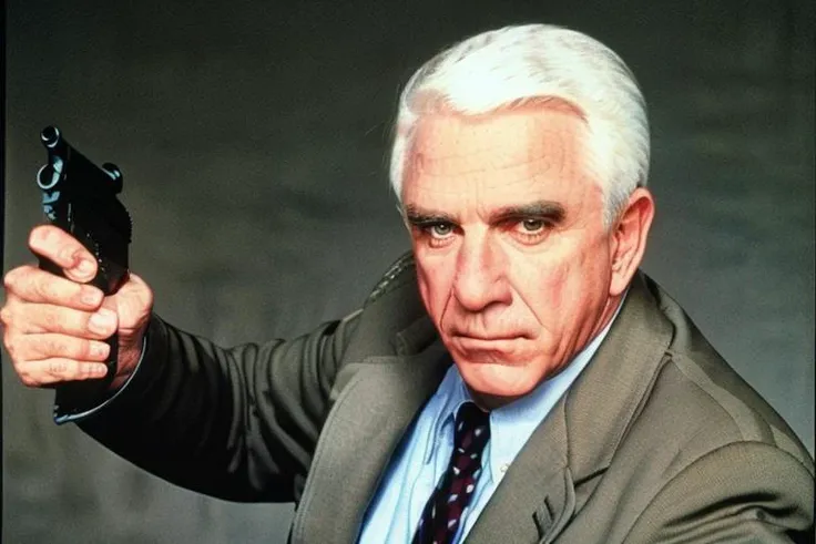 Frank Drebin holding a gun <lora:Drebin:0.9>