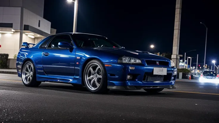 a close up of a blue car parked on a street at night