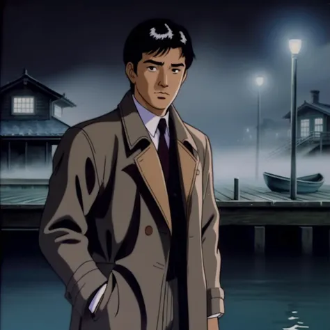 look at view ,A photorealistic image of a man with short hair, dressed in the style of a detective from early Japanese crime dramas. He should be wearing a well-tailored suit, perhaps with a trench coat, and should be standing on a dock. The man is hunched...