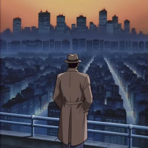 look at view ,A photorealistic image of a man with short hair, dressed in the style of a detective from early Japanese crime dramas. He should be standing at the top of a high-rise building, overlooking the city below. His clothing should be well-tailored ...