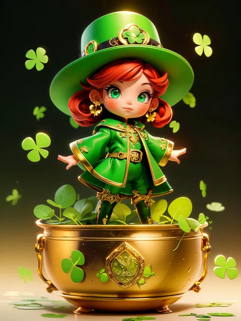 a close up of a doll in a pot with shamrocks