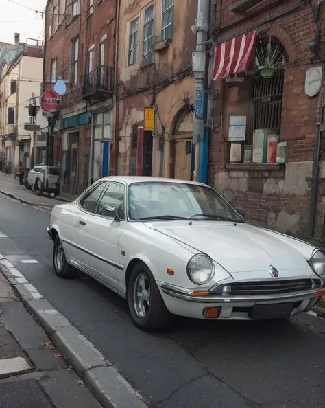 arafed white car parked on the side of the road in front of a building