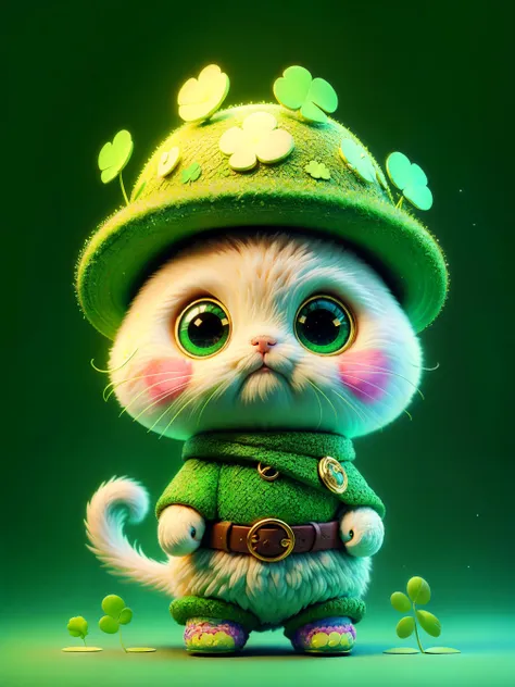 a close up of a cat wearing a green hat and green clothes