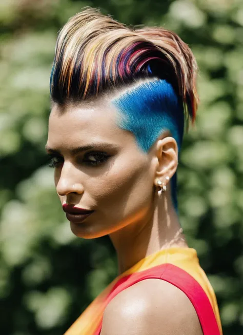 portrait of sks woman by Flora Borsi, style by Flora Borsi, bold, bright colours, rainbow Mohawk haircut, ((Flora Borsi)), <lora:locon_emilyratajkowski_v1_from_v1_64_32:1.25>