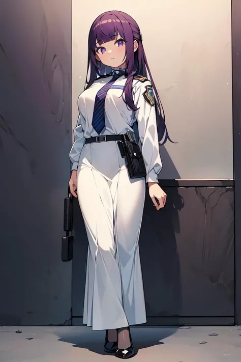 masterpiece,best quality,fullbody,1girl,solo,(police clothes,police background:1.2),purple hair,long hair,