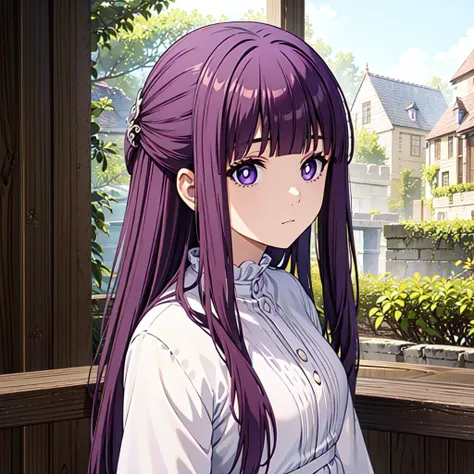 anime girl with long purple hair and purple eyes standing in front of a window