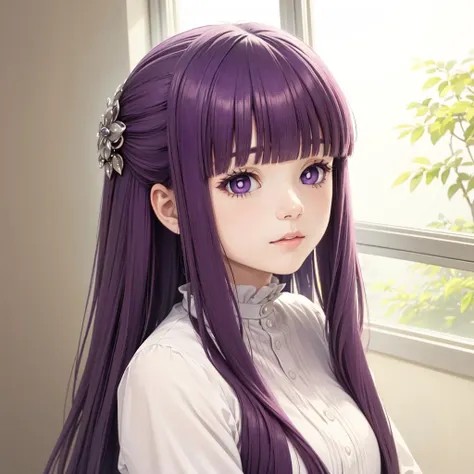 anime girl with long purple hair and purple eyes looking at the camera