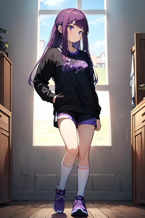 masterpiece,best quality,fullbody,1girl,solo,(athletes clothes,athletes background:1.2),purple hair,long hair,