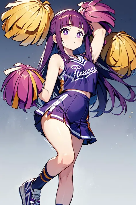 masterpiece,best quality,fullbody,1girl,solo,(cheerleader clothes,cheerleader background:1.2),purple hair,long hair,