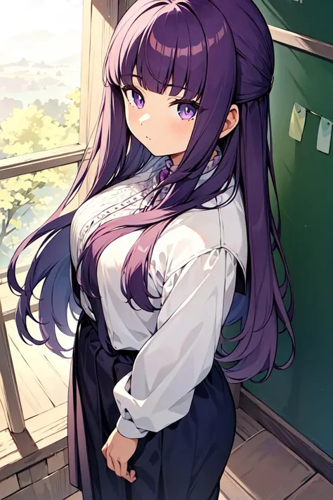 masterpiece,best quality,fullbody,1girl,solo,(student clothes,student background:1.2),purple hair,long hair,