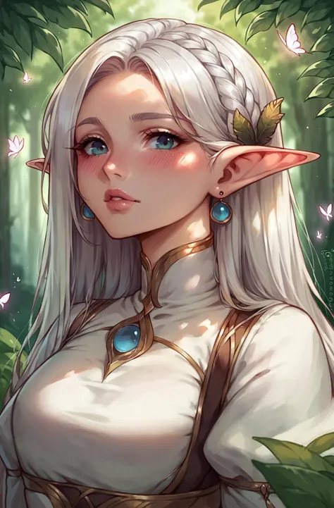 a woman with long white hair and blue eyes in a forest