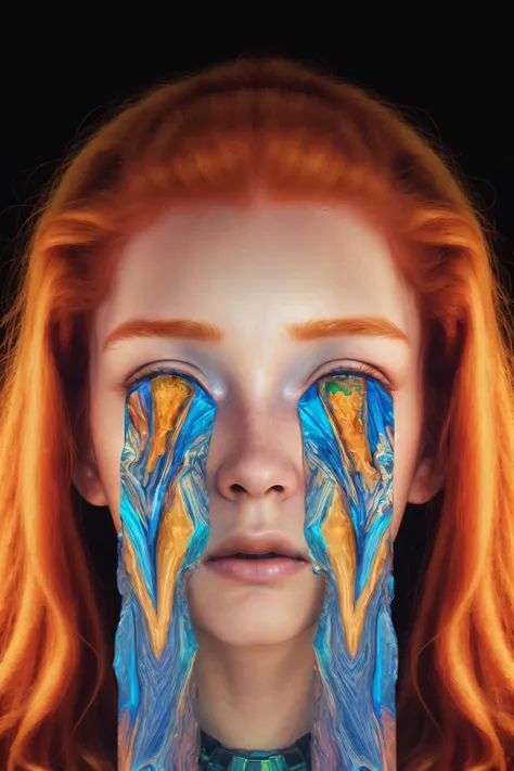 a close up of a woman with a face painted with blue and orange paint