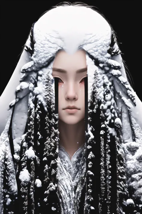 a close up of a person with long hair and a hood