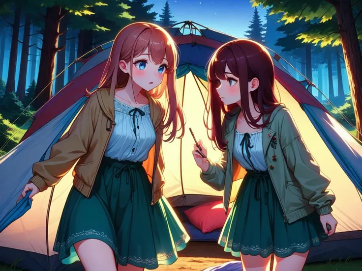 (masterpiece, best quality, detailed:1.5), multiple girls, imminent kiss, yuri,  <lora:girllikecampsite:0.8> campsite, tent, open door curtain, chiffon jacket, skirt, night, grass, forest, unusual event in background