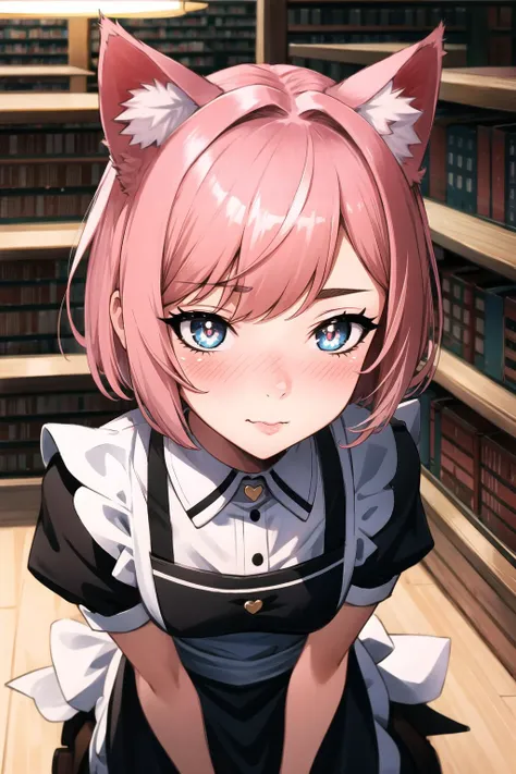 full body, (As-Young:0.4), detailed, cinematic lighting, bold, library, 1girl, shy, blush, short hair, maid uniform, cat ears, cute, playful, (enticing:1.2), detailed face, detailed eyes, detailed pupils