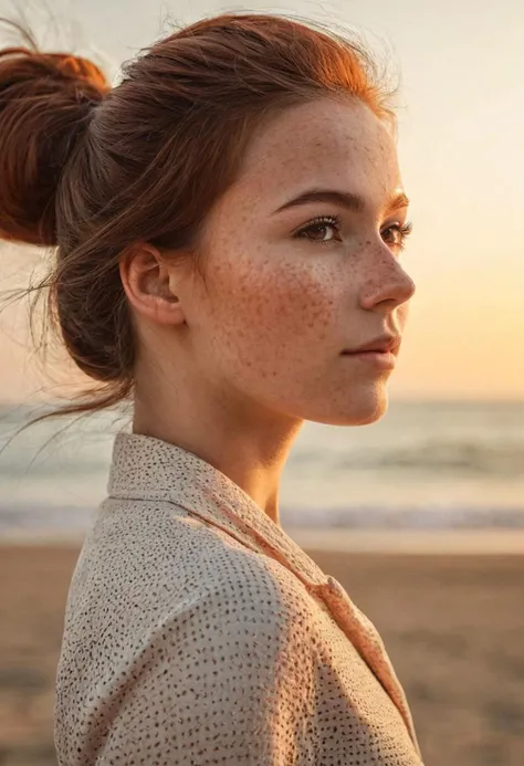 A beautiful photo of a beautiful 20 years old Dutch woman, full body, sideview, incredibly pretty narrow nose, fit, highly detailed face, highly detailed skin, freckles, brown hair, red hair, big hair, medium hair, 70s style hair, ponytail, brown eyes, per...