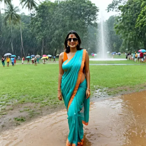 Photorealistic, full length, Instagram style, HD quality image, indian woman, cute face, big boobs, wet saree, sleeveless blouse,   wearing large shades, drenched, wet, transparent, in a crowded park, facing camera, looking at camera, conysv3-1400, body an...