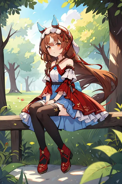 masterpiece,highres,absurdres,still_in_love(umamusume),horse ears,dress,thighhighs,horse tail,red footwear,red dress,black thighhighs,detached sleeves,shoes,bare shoulders,blue skirt,<lora:still_in_love_V1.2:0.8:lbw=KEEPCHAR>,in summer,nature,