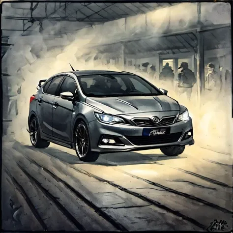 painting of a car in a garage with smoke coming out of it