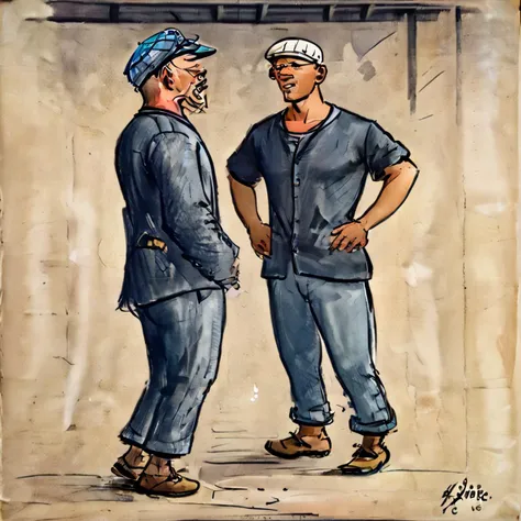 painting of two men standing next to each other in a room