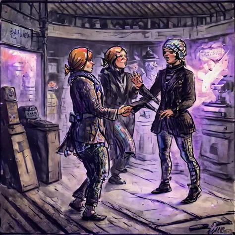 painting of two women shaking hands in a store