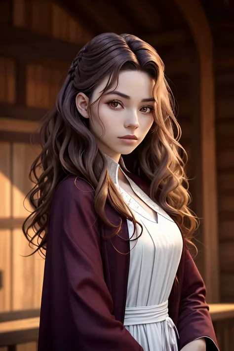 portrait photo of <lora:EvelinAndras_v1:.9> EvelinAndras, focus on face, wearing a mage robe , her straw color hair is styled as Curly Glamour Waves,