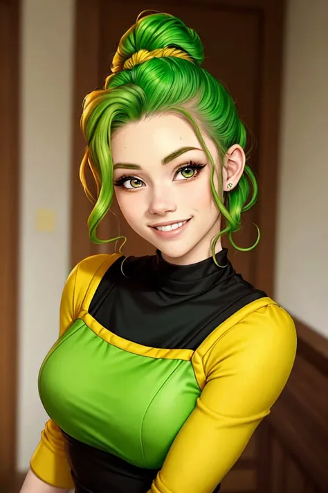 upper body photo of <lora:EvelinAndras_v1:.9> EvelinAndras, focus on smiling face, wearing conservative clothing , her leprechaun color hair is styled as Curly Rolled Updo,