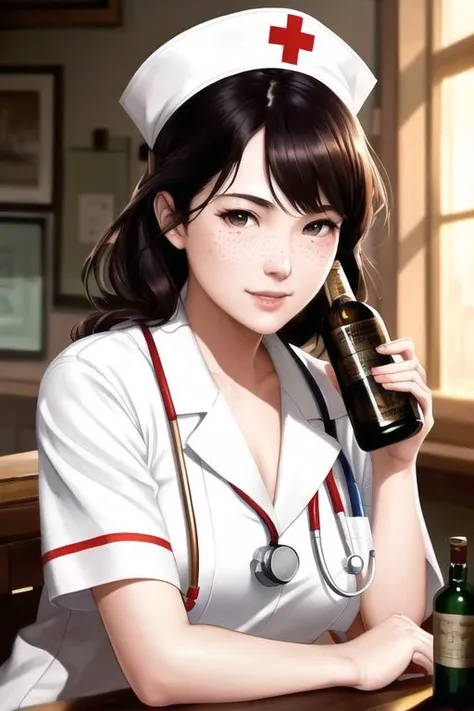 a woman in a nurse uniform holding a bottle of beer