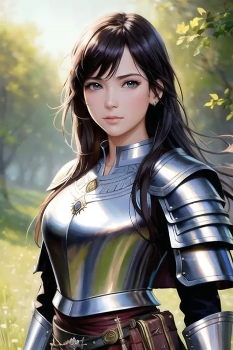 a woman in armor standing in a field with trees