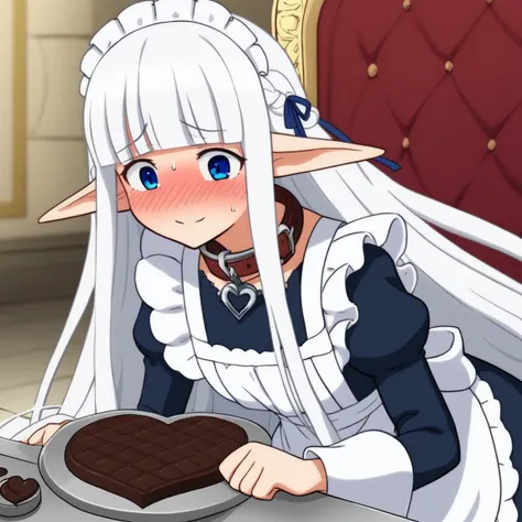 anime girl with long white hair and blue eyes sitting at a table with a heart shaped cake