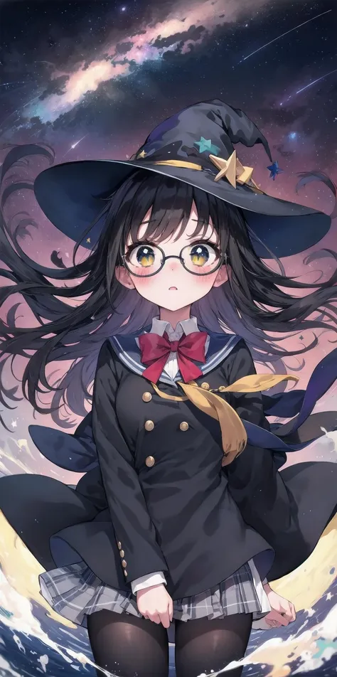 a woman in a witch hat and glasses standing on a half moon