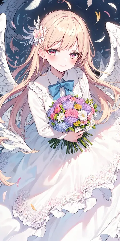 anime girl with angel wings holding a bouquet of flowers