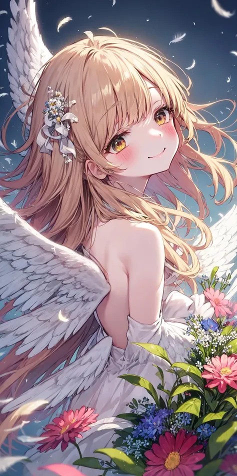 anime angel girl with flowers and stars in the sky