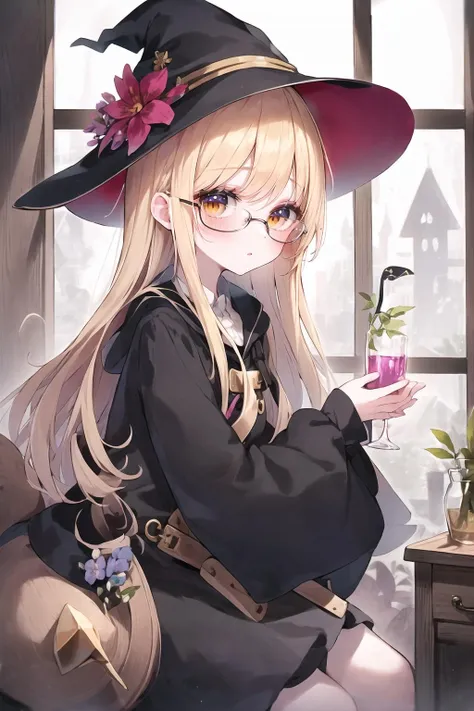 a woman in a witch hat holding a glass of wine