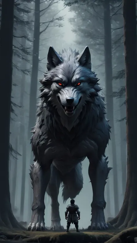 a man standing next to a wolf in a forest