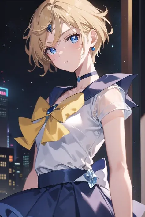 sailoruranus, <lora:sailoruranus-lora-nochekaiser:1>,
sailor uranus, blonde hair, blue eyes, (parted bangs:1.5), short hair, very short hair,
BREAK back bow, blue bow, blue choker, blue gemstone, blue sailor collar, blue skirt, bow, bowtie, choker, circlet...