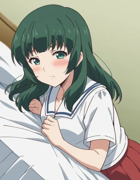 anime girl with green hair and green eyes laying in bed