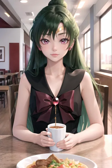 Highly detailed, High Quality, Masterpiece, beautiful, sailor pluto, single hair bun, tiara, <lora:sailormoon_sailorpluto:1>, food, simple background, elbows on table, cup, blurry background, indoors, upper body, <lora:Pos_AcrossTable:1>