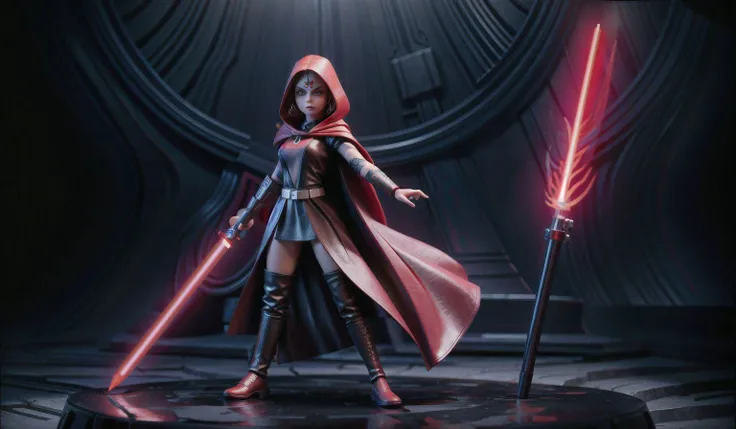 (masterpiece:1.2), full body portrait of a sith jedi woman with tatoo on face holds a red lightsaber in her hands, black leather, very detailed face, flowing cloak, elegant pose, atmospheric lighting, cinematic composition, detailed, very detailed backgrou...