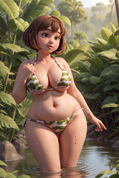 masterpiece, high quality best quality,obese woman,close up,bathing in a (river:1.3), in the (jungle:1.3), wearing a (bikini:1.2)