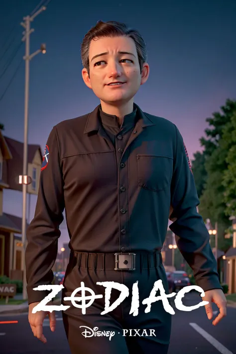 ((ted cruz)), black jump suit, 1960s suburban street, night, street light, dark, eerie, smirking, (8k, 4k, high definition, best quality:1.5), dramatic lighting, cinematic lighting, highly realistic, 1man, 