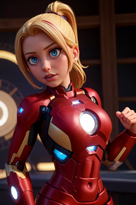 masterpiece, best quality, itricate, high quality, realistic, 1girl, ironman style, irongirl, blonde hair, high ponytail,  midriff,  sexy, new york, dynamic pose, dynamic angle, beautiful detailed eyes, luminous arc reactor on the chest, pepper pots,