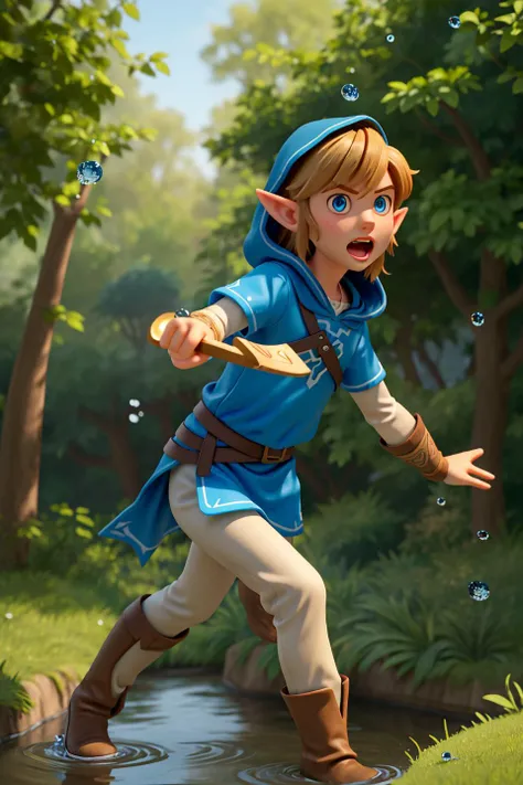 1boy, male focus, running around, dutch angle dynamic pose, link, the legend of zelda, blue eyes, blue tunic, hood, leaf, light brown hair, looking at viewer, nature, open mouth, pointy ears, solo, water drop, ((masterpiece)) <lora:link_offset:1> looking a...