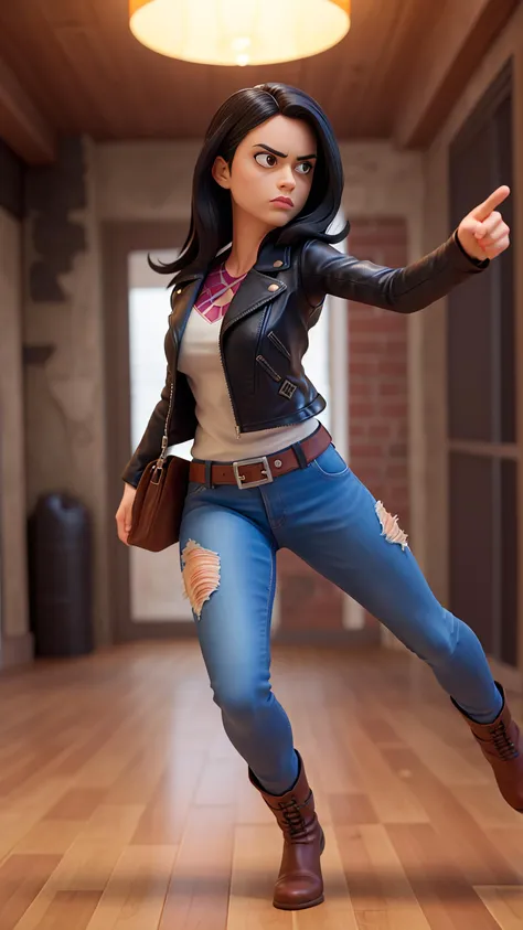 solo, masterpiece, best quality, medium shot of Jessica Jones private investigator, long black hair, tough pose, leather jacket, jeans, marvel, fighting stance, dynamic angle