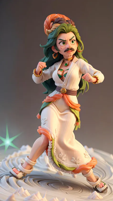 <lora:SushiStyle:0.75>SushiStyle:0.75, solo, masterpiece, best quality, perfect face, medium shot of a Mediterranean woman with a fit body. As a Tracker with with mustache:0.75 Green hair with ash brown streaks, (surrounded by intense swirling magical ener...