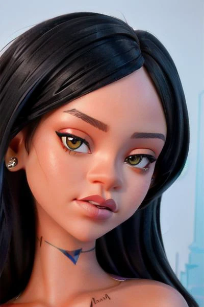 masterpiece, high quality best quality, high detailed face, hand drawn illustration of ((1 girl Rihanna)), strait long black hair, cinematic, Sharp focus, humorous illustration, big depth of field, Masterpiece, concept art, trending on artstation, Vivid co...