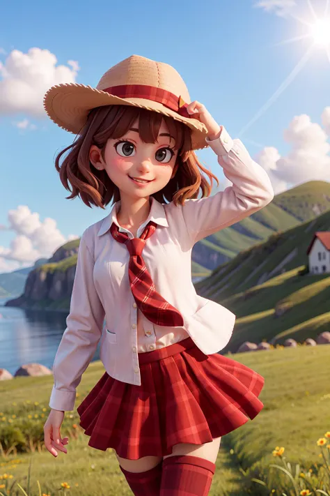 anime girl in a red skirt and hat walking in a field